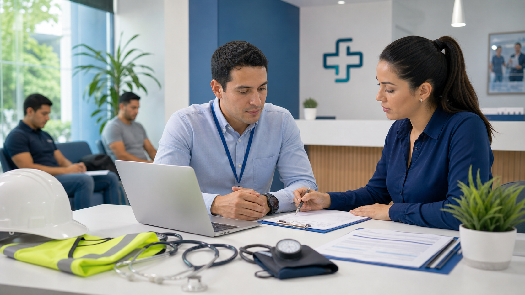 Profesional de salud ocupacional con equipo de trabajo